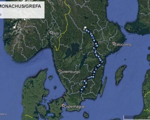 Karte von Südschweden mit dem Weg des Mönchsgeiers Brinzola nach Norden
