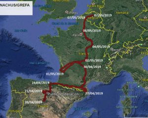 Reise des Mönchsgeiers Brinzola durch Spanien, Frankreich nach Belgien. Image: Proyecto Monachus, google earth