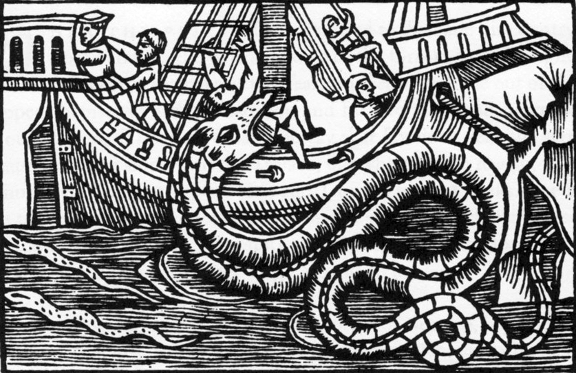 historischer Kupferstich einer Seeschlange, die ein Segelschiff angreift und einen Seemann im Maul trägt
