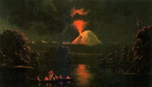 Gemälde mit einem ausbrechenden Vulkan und einem Kanu, dessen Insassen das Licht einfangen