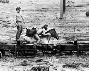 Zwei Männer mit Pferden in hüfttiefem Schlamm und Staub